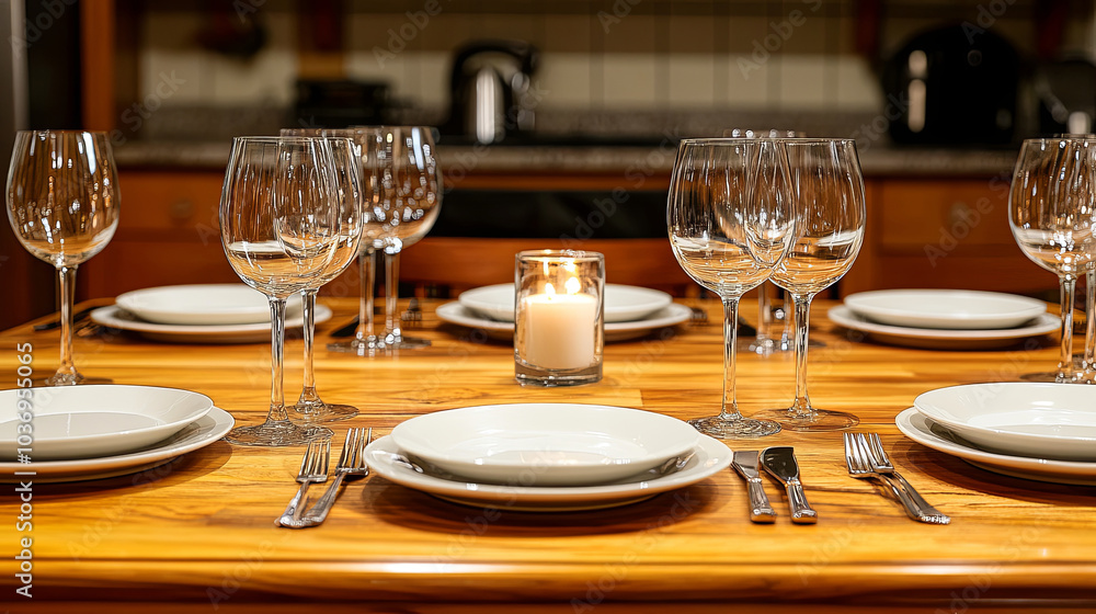Elegant Dining Table Set for a Special Occasion With White Plates and Wine Glasses During an Intimate Gathering in a Cozy Kitchen Elegant Dining Table Set for a Special Occasion With White Plates and Wine Glasses During an Intimate Gathering in a Cozy Kitchen