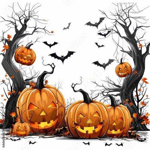 halloween pumpkins and bats on a white background