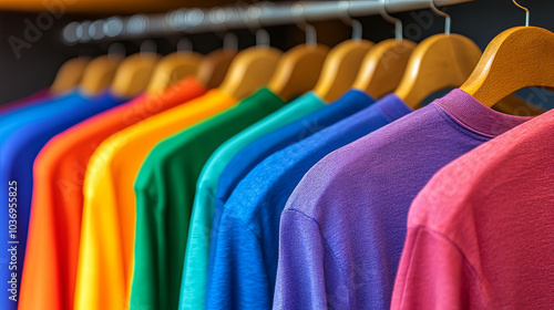 Colorful T-Shirts Hanging on Wooden Hangers in a Clothing Store During Daytime Shopping Hours