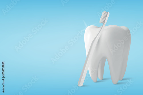Vector 3D Realistic Tooth with Toothbrush. Tooth Cleaning, Dental Care, Hygiene. Tooth Illustration for Dental Care, Health, Oral Care Concept. Vector Tooth and Toothbrush Design