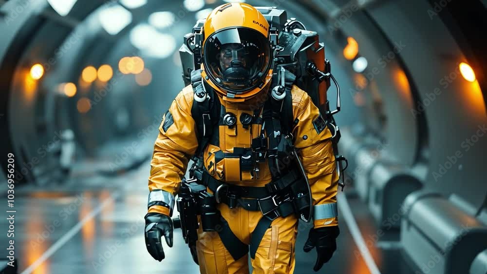 This advanced space suit is worn by a researcher exploring a futuristic underwater facility. Exoskeleton This advanced space suit is worn by a researcher exploring a futuristic underwater facility. Exoskeleton