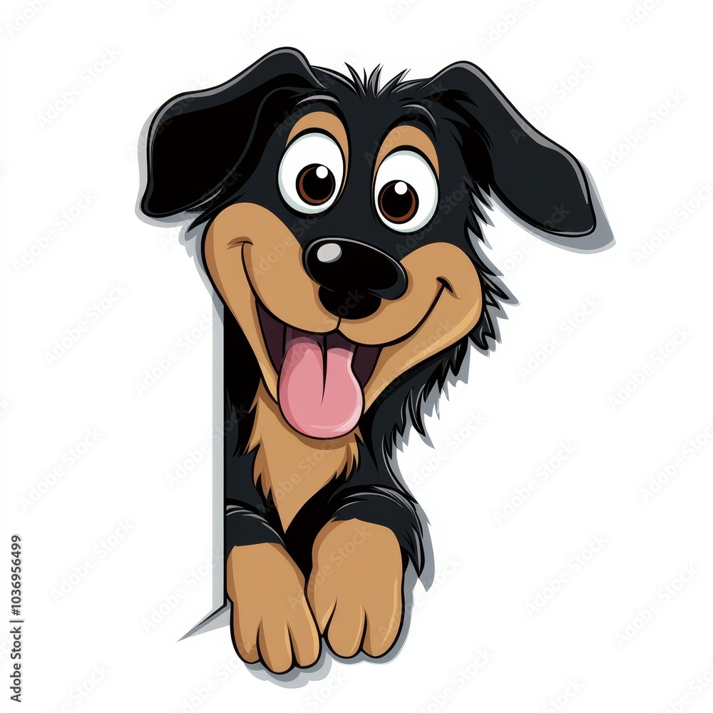 Fototapeta premium A charming black-and-brown dog peeks out from behind a sign, its tongue hanging to the side