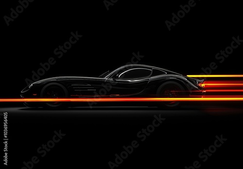  A black car with red and yellow lighting emanating from its front end, against a black backdrop