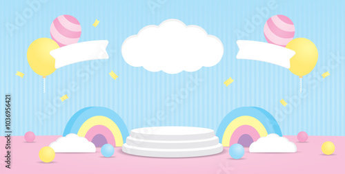 cute kawaii style display stage with rainbow props and cloud sign and fantasy balloons on bright pastel blue wall and pink floor 3d illustration vector for putting object or product