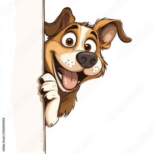  A dog smiles while peeking over a sign's edge