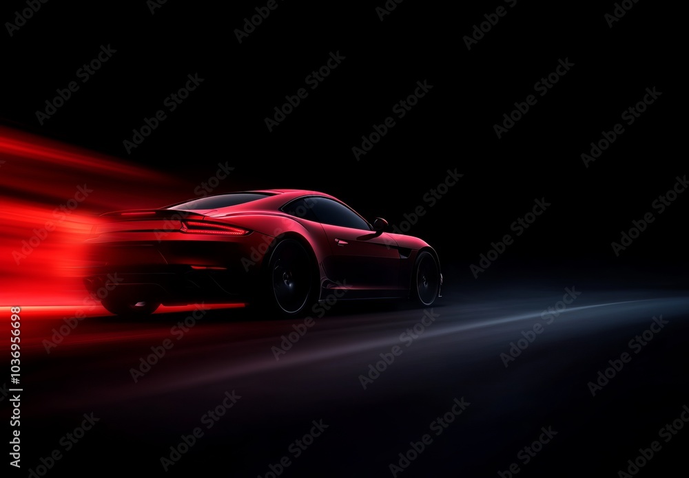 A red sports car drives on a dark road, its side illuminated by a matching red streak of light A red sports car drives on a dark road, its side illuminated by a matching red streak of light