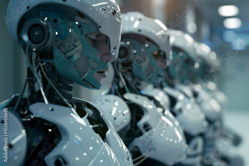 A group of robots are lined up in a row, all wearing white helmets