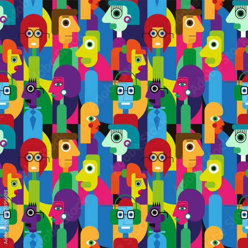 Abstract geometric cubist inspiration composition of people faces. Colorful haracters collection. Seamless pattern. Vector illustration for prints, card, web, digital concept, poster