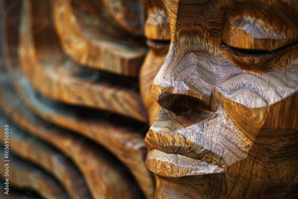 A wooden sculpture of a face with a serene expression A wooden sculpture of a face with a serene expression