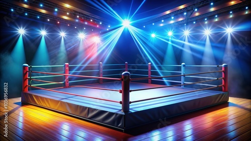 Colorful lucha libre ring ropes and turnbuckles surround a empty wrestling mat, spotlight shining down, awaiting the iconic masked wrestlers' high-flying action.