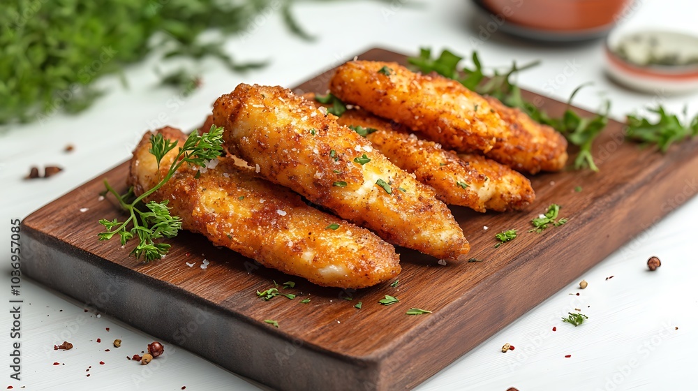 Golden brown crispy fried chicken strips on a wooden board with fresh parsley and spices. Golden brown crispy fried chicken strips on a wooden board with fresh parsley and spices.