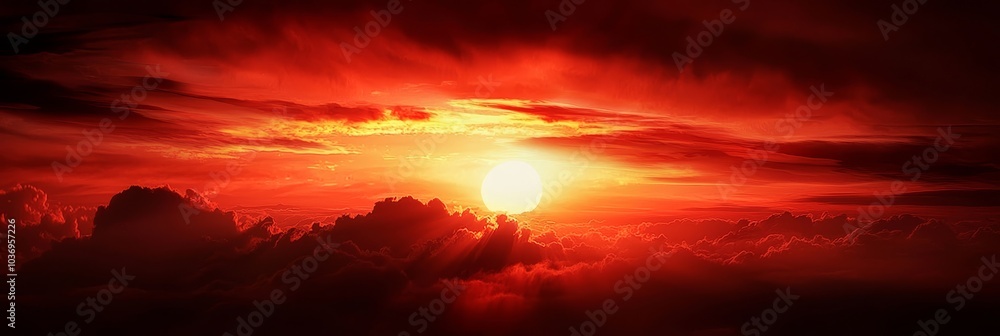 Fototapeta premium A red sky with clouds; sun positioned in the center