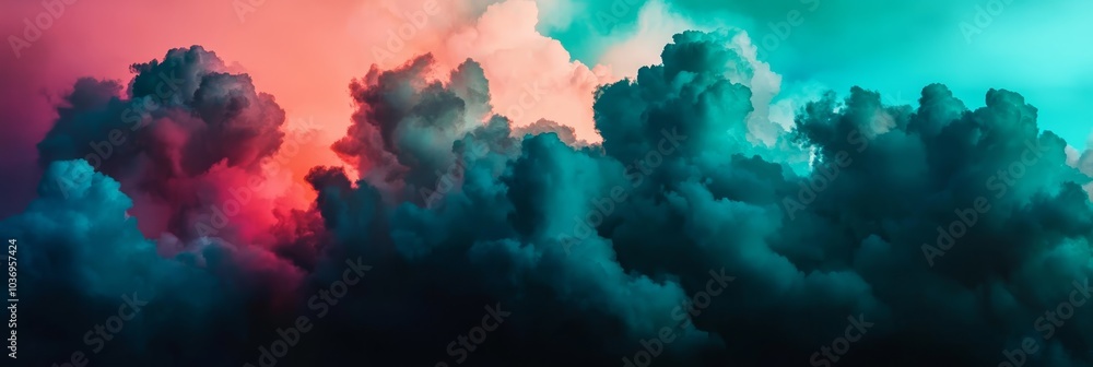 A group of clouds in the sky against a red and blue layered mid-section, and a pink and blue mid-sky A group of clouds in the sky against a red and blue layered mid-section, and a pink and blue mid-sky
