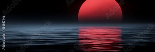  A red object hovers above a murky body of water amidst a dark, foggy expanse of sky