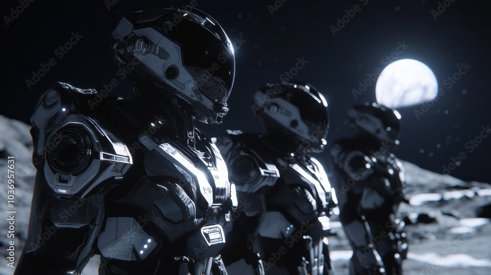 Futuristic Astronauts on Lunar Surface Futuristic Astronauts on Lunar Surface