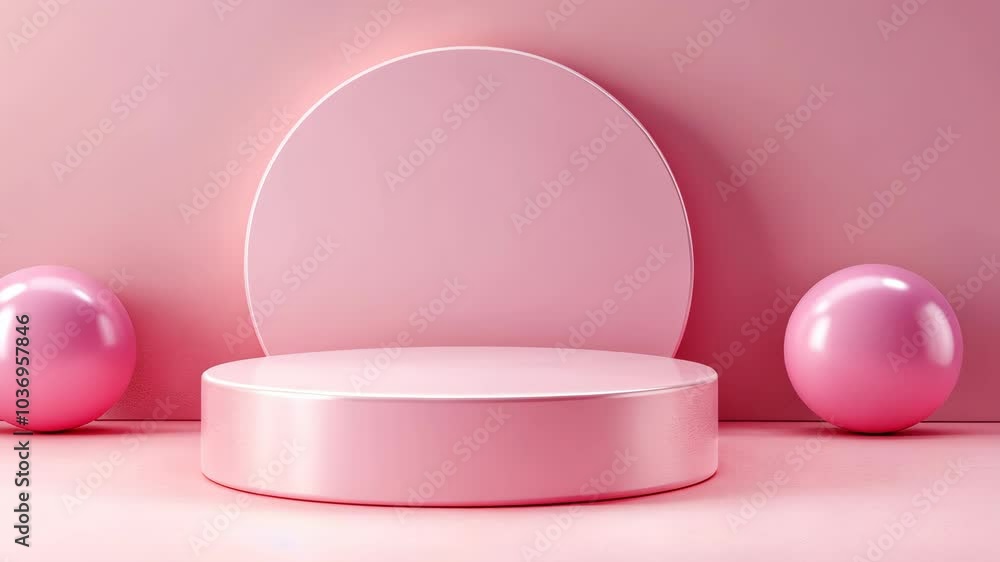 A pink cylinder sits on a pink background with two pink spheres on either side A pink cylinder sits on a pink background with two pink spheres on either side