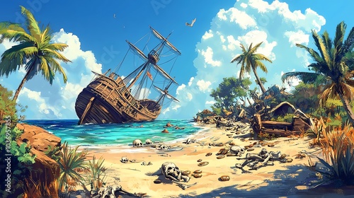 Abandoned shipwreck on a tropical beach.