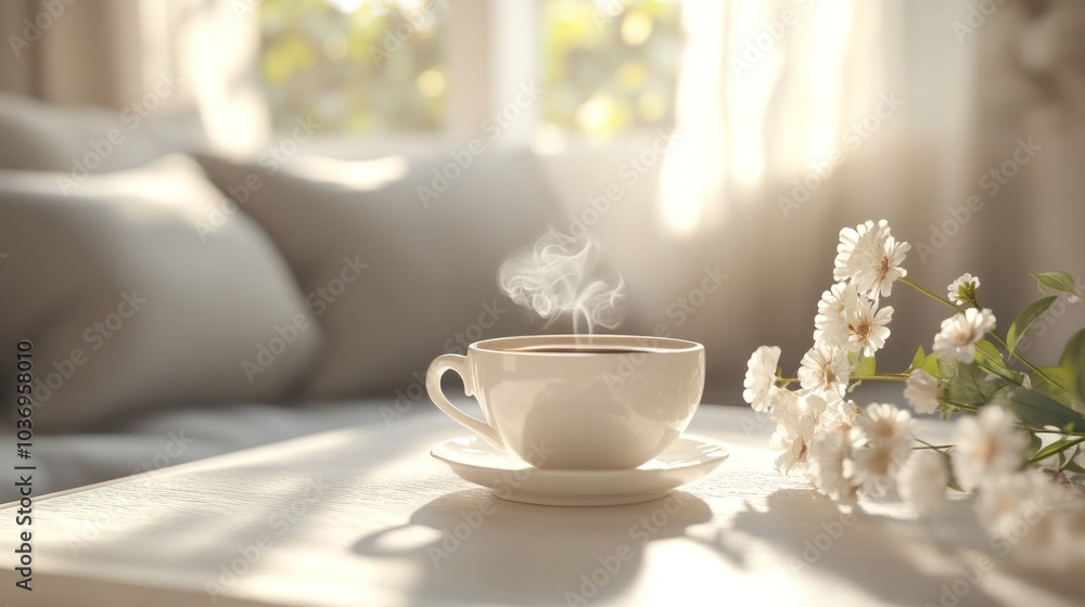 custom made wallpaper toronto digitalA cozy morning moment with a steaming cup of coffee beside blooming flowers in soft natural light. Generative AI