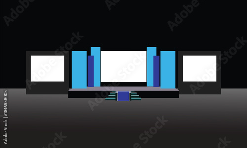 Event Stage design for business conferences, corporate projects presentations, with slides on projection screens. truss and Light