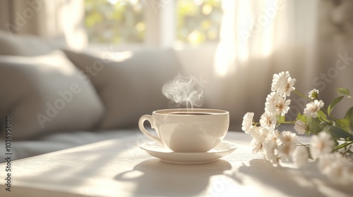 Wallpaper Mural A cozy morning moment with a steaming cup of coffee beside blooming flowers in soft natural light. Generative AI Torontodigital.ca