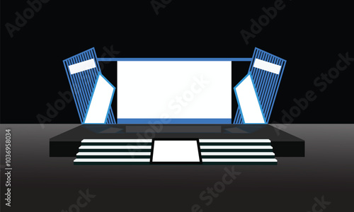 Event Stage design for business conferences, corporate projects presentations, with slides on projection screens. truss and Light