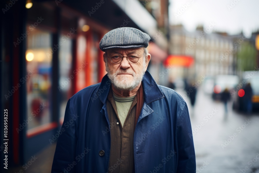 Portrait of an old man with grey hair and beard in a blue coat on a city street Portrait of an old man with grey hair and beard in a blue coat on a city street
