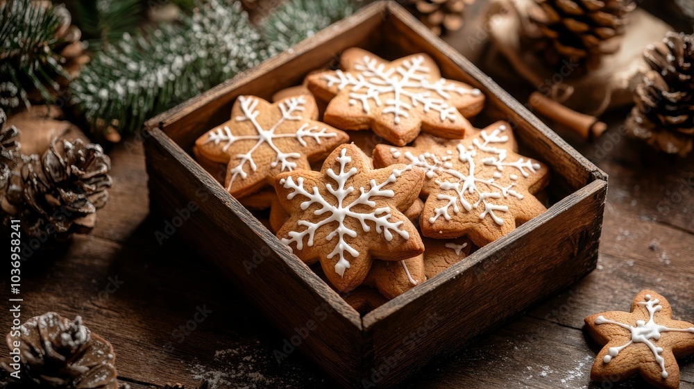 A wooden box filled with snowflake cookies and pine cones A wooden box filled with snowflake cookies and pine cones