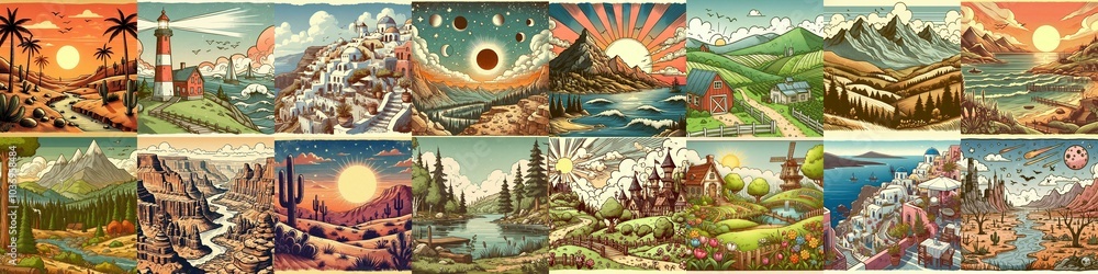 Cartoon landscapes. AI generated illustration Cartoon landscapes. AI generated illustration