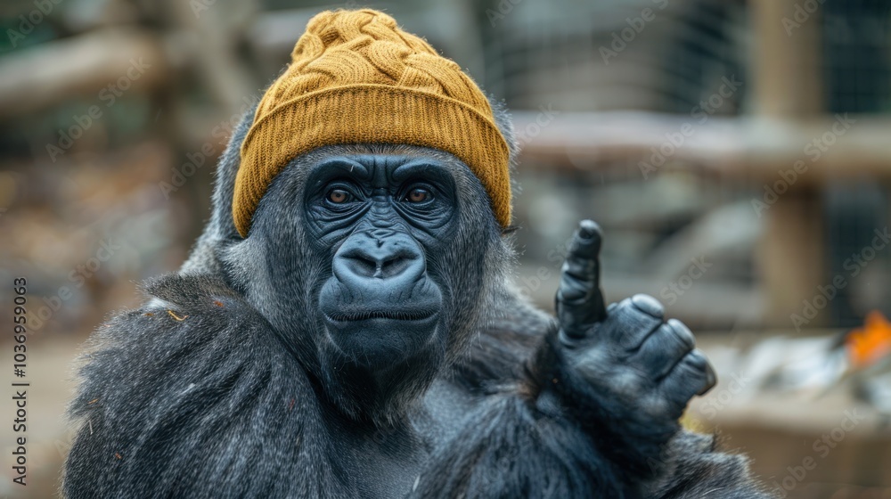 Gorilla wearing a knitted yellow beanie while playfully posing outdoors at the local zoo. Generative AI Gorilla wearing a knitted yellow beanie while playfully posing outdoors at the local zoo. Generative AI