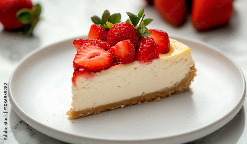 Minimalist Dessert Scene with a Single Slice of Cheesecake Topped with Fresh Strawberries, generative ai Minimalist Dessert Scene with a Single Slice of Cheesecake Topped with Fresh Strawberries, generative ai