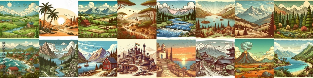 Fototapeta premium Cartoon landscapes. AI generated illustration