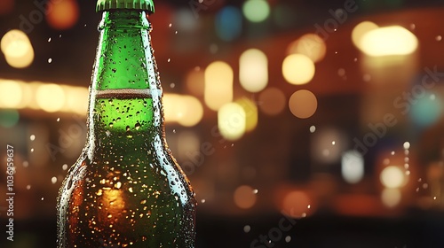 Close-up of a cold beer bottle with condensation and blurred lights in the background.