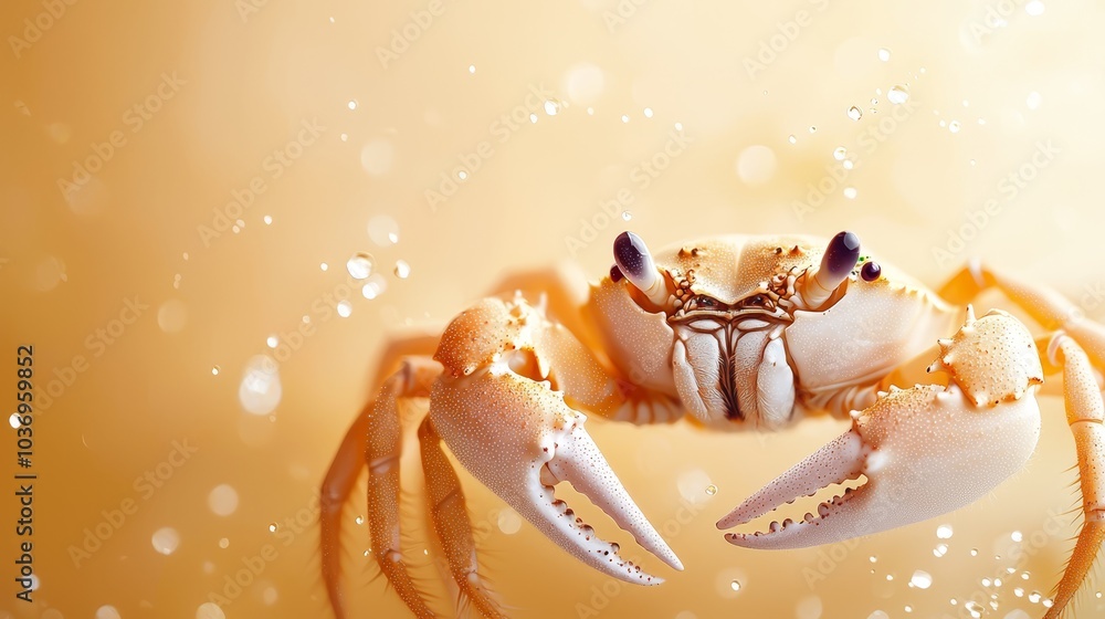 A macro shot of a crab against a sunny yellow backdrop, with pearls of water beading its rear legs A macro shot of a crab against a sunny yellow backdrop, with pearls of water beading its rear legs