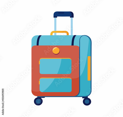 Hand luggage, baggage with handle and spinner wheels. Packed suitcase for holiday. Bag, travel accessory, touristic valise, case, carry-on. Flat vector illustration isolated on white background
