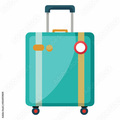 Hand luggage, baggage with handle and spinner wheels. Packed suitcase for holiday. Bag, travel accessory, touristic valise, case, carry-on. Flat vector illustration isolated on white background
