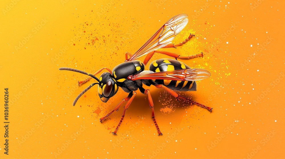 Naklejka premium Two bees atop a yellow-orange surface, sprinkled with specks