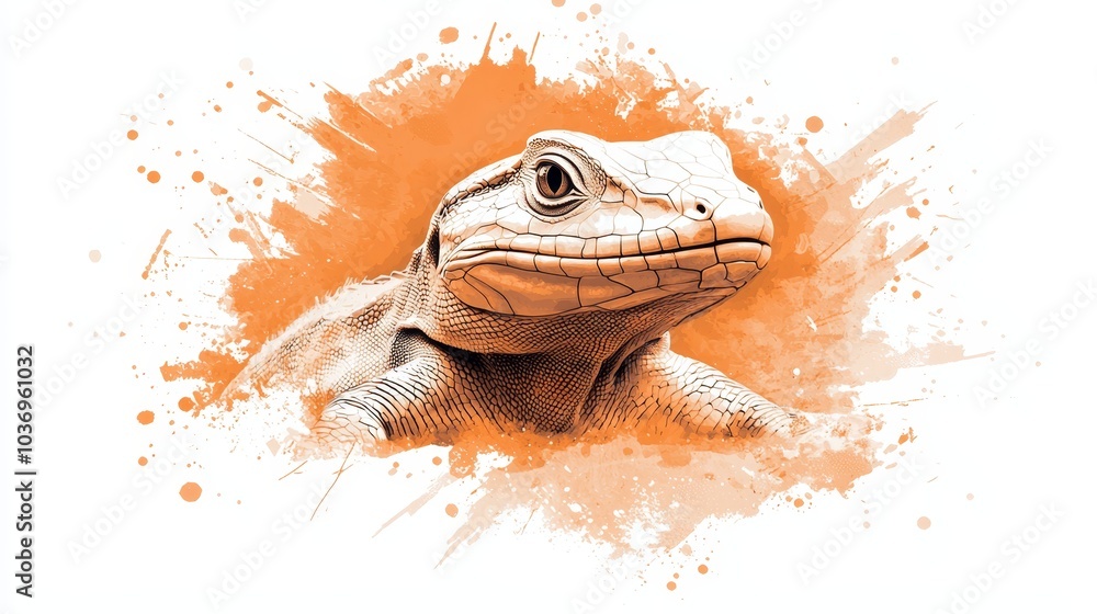 A tight shot of a lizard's head adorned with orange paint splatters at its rear A tight shot of a lizard's head adorned with orange paint splatters at its rear