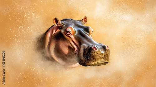  A painting depicting a hippopotamus's head with copious amounts of dust emerging from its open mouth