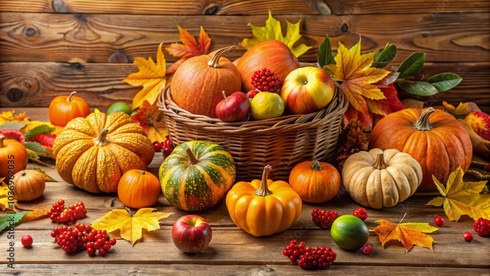 Vibrant orange and yellow leaves, seasonal fruits, and rustic pumpkins beautifully arranged on a wooden table, evoking a warm and inviting Thanksgiving atmosphere. Vibrant orange and yellow leaves, seasonal fruits, and rustic pumpkins beautifully arranged on a wooden table, evoking a warm and inviting Thanksgiving atmosphere.