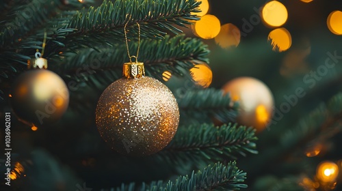 A Glittery Gold Ornament Hanging on a Christmas Tree