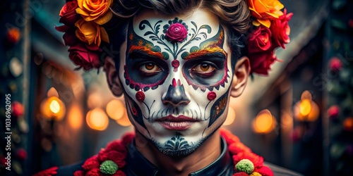 Young Man in Día de los Muertos Makeup Created with Generative AI