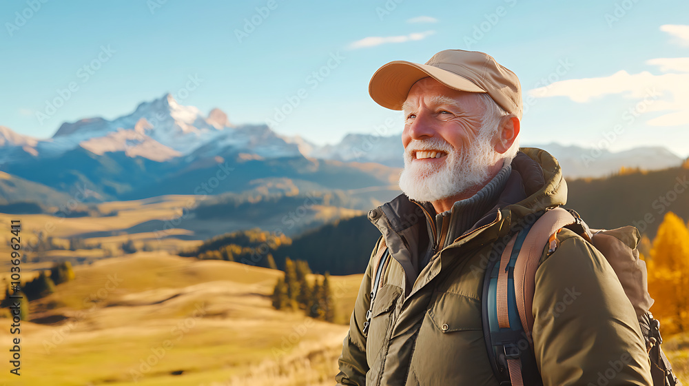 Naklejka premium Senior Man Hiking in Stunning Mountain Landscape