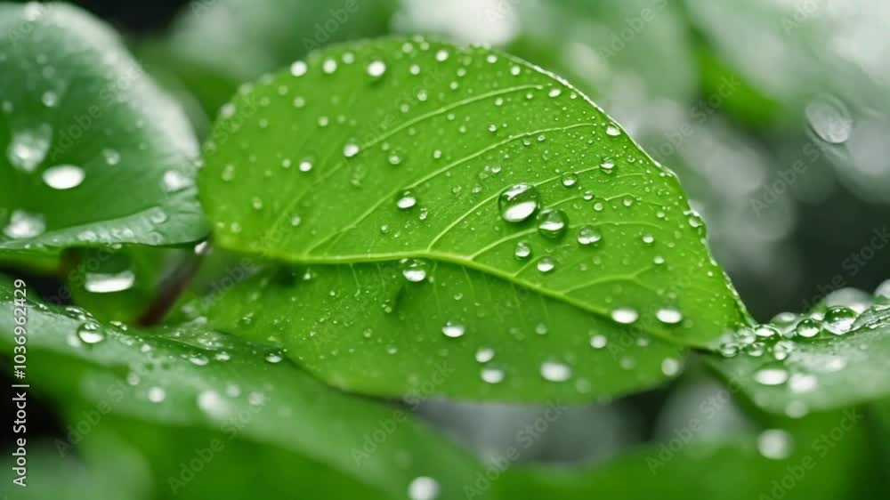 Environmentally friendly and natural. A close-up view of rain droplets on a green leafy surface, set against a green backdrop Environmentally friendly and natural. A close-up view of rain droplets on a green leafy surface, set against a green backdrop