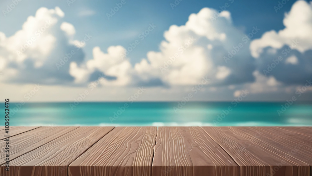 Fototapeta premium Empty wooden table top with sea and sky background blurred, good for product display