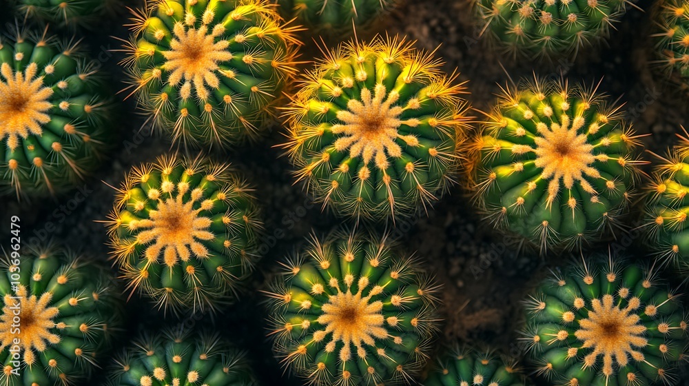 Close-up of a cluster of green cacti with yellow spines. Close-up of a cluster of green cacti with yellow spines.