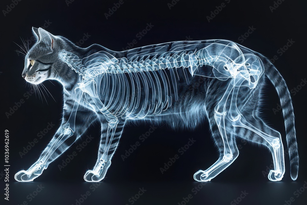 Fototapeta premium a cat skeleton is shown in a dark room