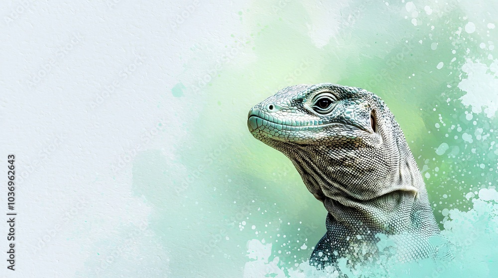 A detailed lizard head portrait against a green-and-white backdrop, adorned with watercolor paint splashes A detailed lizard head portrait against a green-and-white backdrop, adorned with watercolor paint splashes
