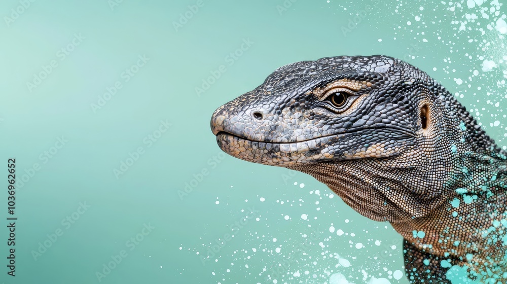 A tight shot of a lizard's head, water cascading from its back, against a blue backdrop A tight shot of a lizard's head, water cascading from its back, against a blue backdrop