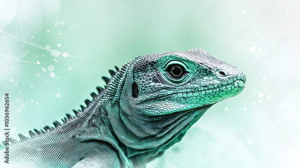Close-up of an iguana on a green and white background, with water droplets in the foreground Close-up of an iguana on a green and white background, with water droplets in the foreground
