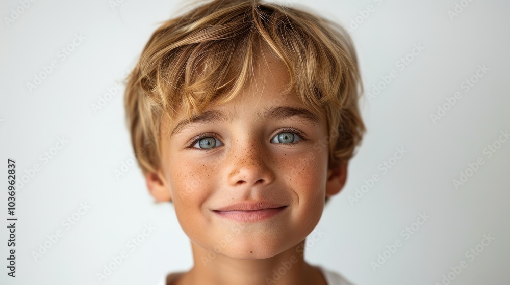 A cheerful young boy with bright blue eyes smiling warmly against a simple background. Generative AI A cheerful young boy with bright blue eyes smiling warmly against a simple background. Generative AI